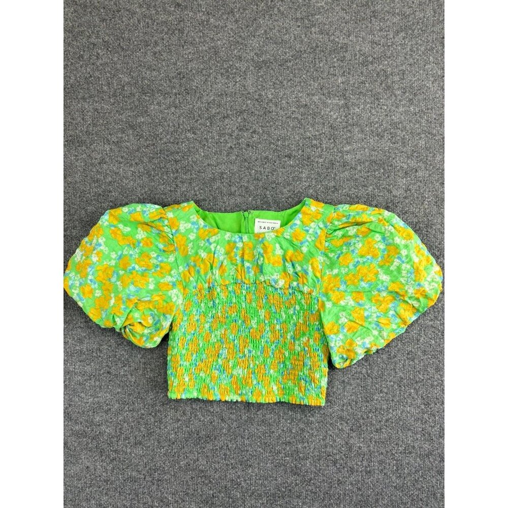 Sabo Australia Blouse Women's Small Green Puff Sleeve Cropped 100% Cotton - Picture 1 of 8